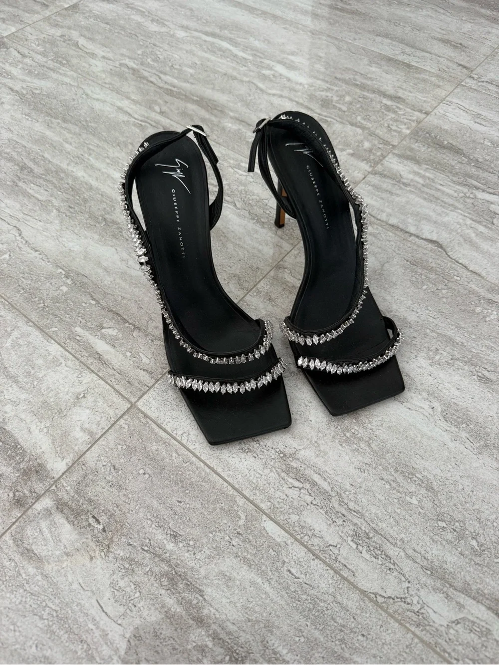 Giuseppe Zanotti Black Crystal-Trim Square Toe Slingback Heels